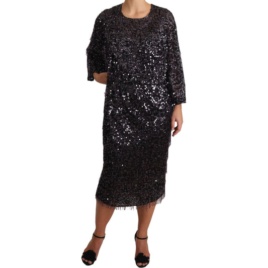 Dolce & Gabbana Black Sequined Long Sleeve Shift Midi Dress DR1929-42