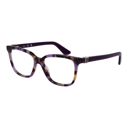 Guess Purple Women Glasses Frame in full-rim rectangle style with plastic demo lenses, featuring a purple color and branded case.