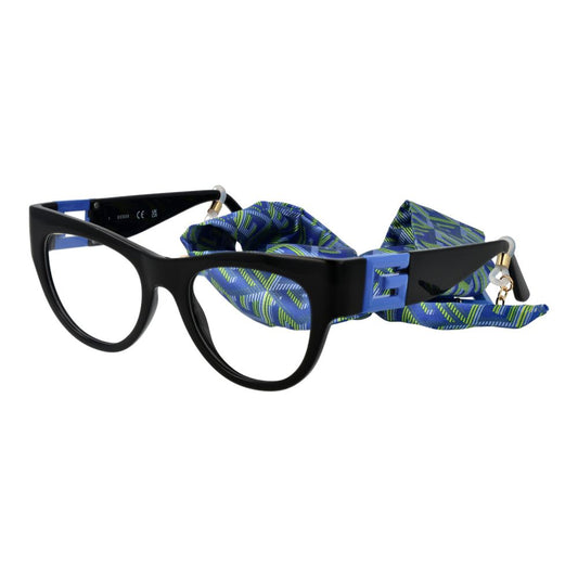 Guess Black Women Glasses Frame with cat-eye style, full-rim plastic material, and extra eyewear chain.