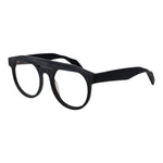 Yohji Yamamoto Black Men Glasses Frame, black plastic full-rim aviator style with demo lenses, size 52-20-145, includes branded soft case.