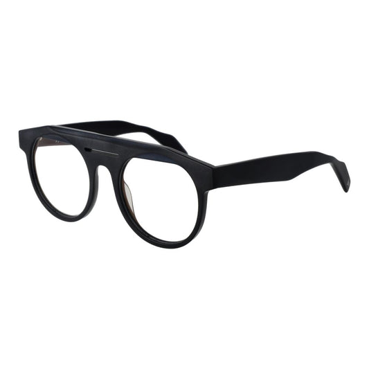 Yohji Yamamoto Black Men Glasses Frame, black plastic full-rim aviator style with demo lenses, size 52-20-145, includes branded soft case.