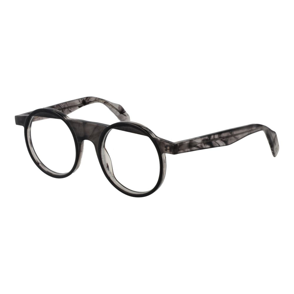 Yohji Yamamoto Gray Men Glasses Frame in full-rim round style with grey plastic material and demo lenses, includes soft case.