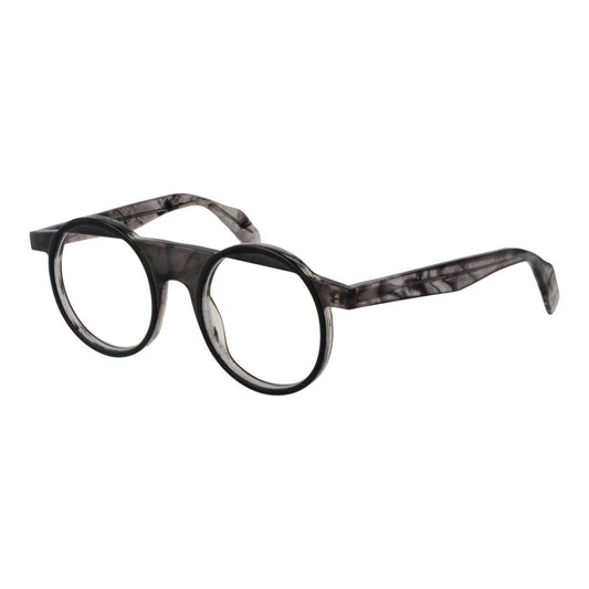 Yohji Yamamoto Gray Men Glasses Frame in full-rim round style with grey plastic material and demo lenses, includes soft case.
