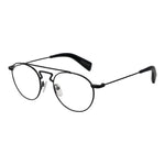 Yohji Yamamoto Black Men Glasses Frame, metal full-rim aviator style, demo lenses, 50-20-145 mm size with branded soft case.