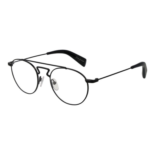 Yohji Yamamoto Black Men Glasses Frame, metal full-rim aviator style, demo lenses, 50-20-145 mm size with branded soft case.