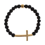 Nialaya Lava Stone Gold Clear CZ Cross 925 Silver Bracelet SIG19011-3