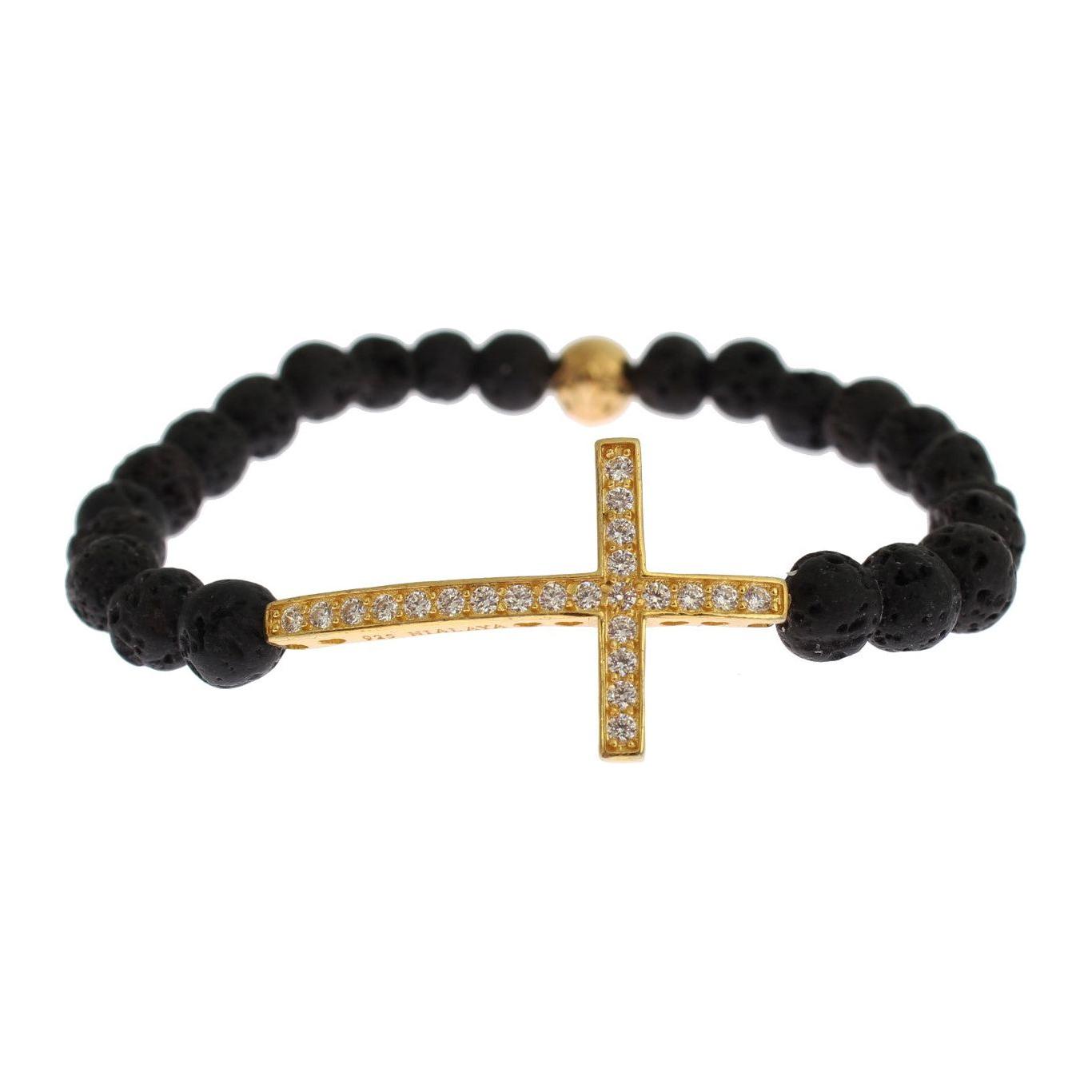 Nialaya Lava Stone Gold Clear CZ Cross 925 Silver Bracelet SIG19011-3