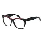 Yohji Yamamoto Black Men Glasses Frame, black cat-eye design, plastic frame and lenses, full-rim style, includes branded soft case.