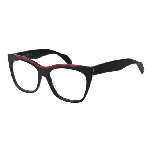 Yohji Yamamoto Black Men Glasses Frame, black cat-eye design, plastic frame and lenses, full-rim style, includes branded soft case.