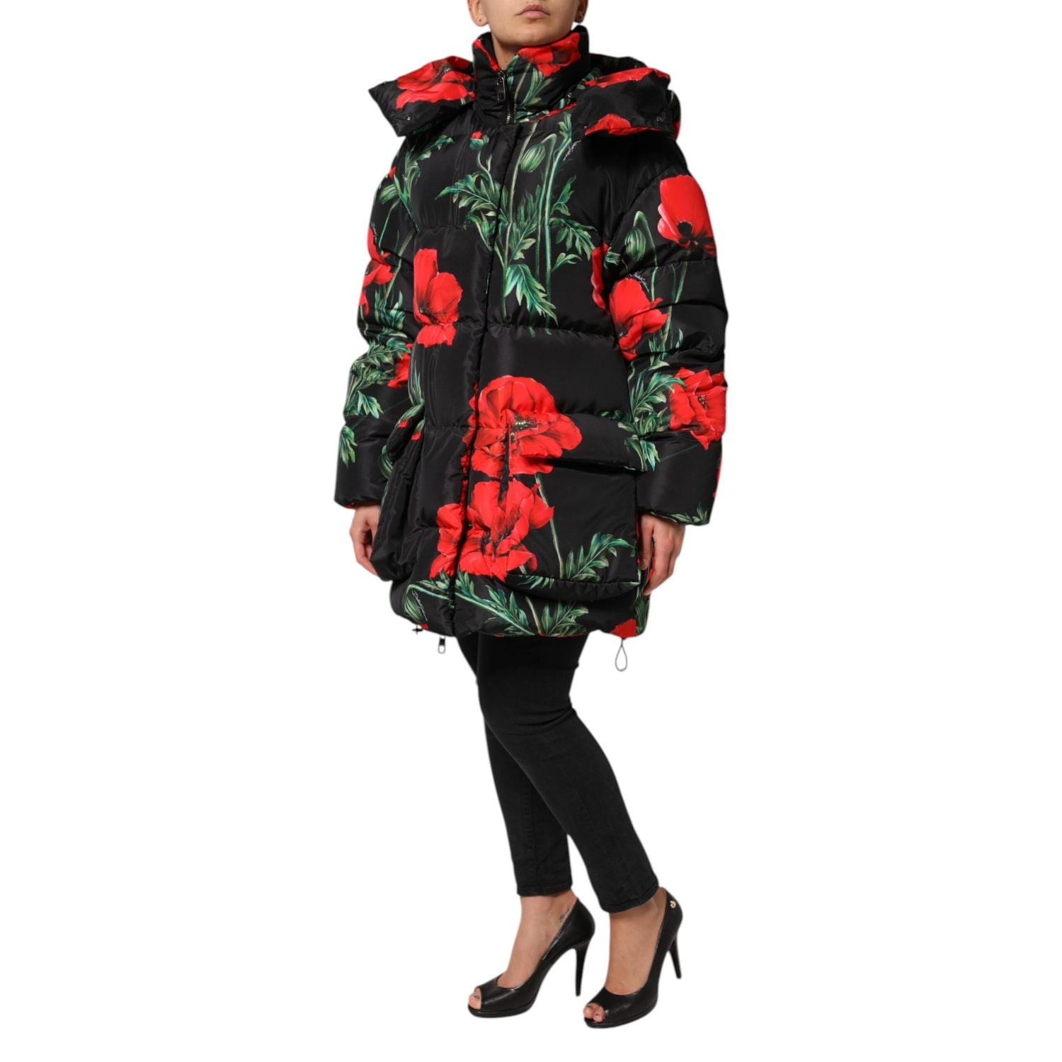 Dolce & Gabbana Black Floral Polyester Hooded Quilted Jacket