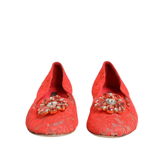 Dolce & Gabbana Orange Lace Crystal Ballet Flats Loafers Shoes LA12731-39.5