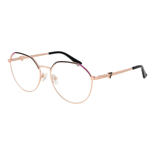 Alt Tag: Guess Gold Women Glasses Frame, full-rim metal, browline style, demo lenses, 55-16-140 size with spring hinge, includes branded case.