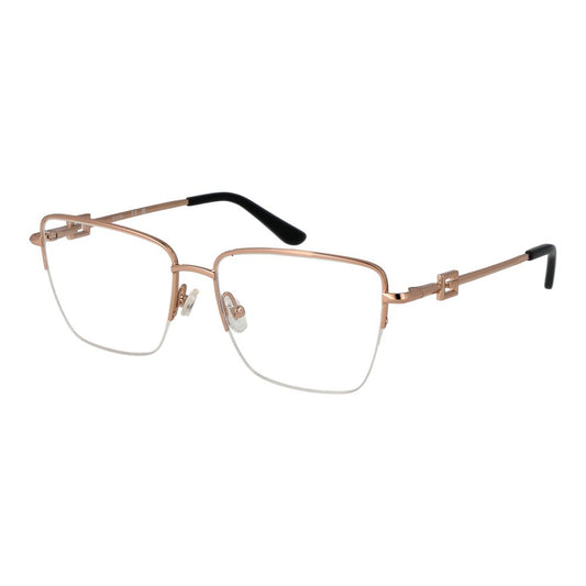 Guess Rose Gold Women Glasses Frame, half-rim square metal frame with demo lenses, spring hinge, includes branded case.