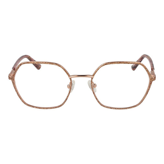 Guess Rose Gold Women Glasses Frame with full-rim square design, metal rose gold frame, demo lenses, and included branded case.