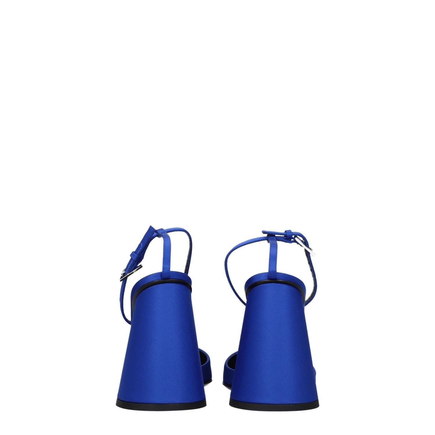 The Attico Blue Satin Platform Sandals with high heels and buckle closure, featuring a round toe and leather sole view from the back.