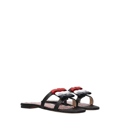 Thom Browne Black Leather Slippers with red and blue front detail, open toe, low flat heel, casual leather sole.