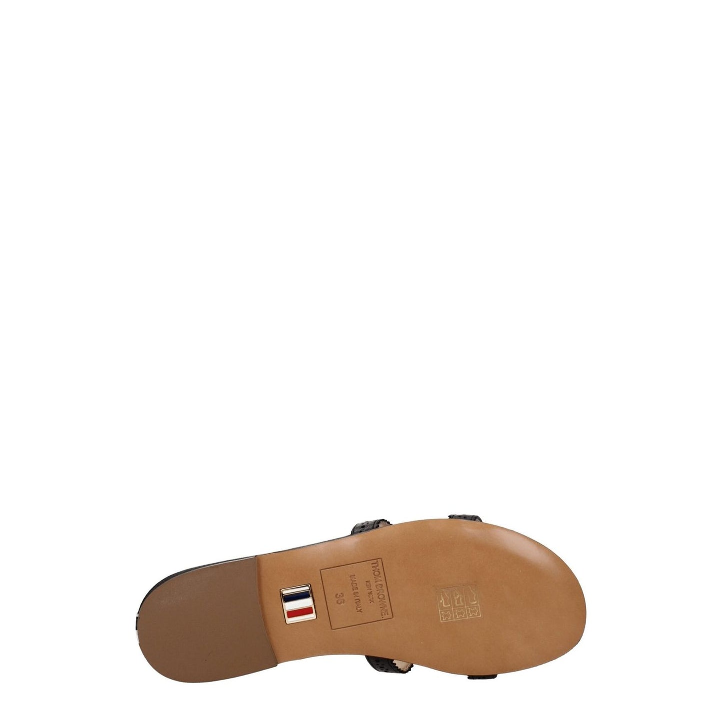 Sole view of Thom Browne Black Leather Slippers showing open toe design and flat heel.