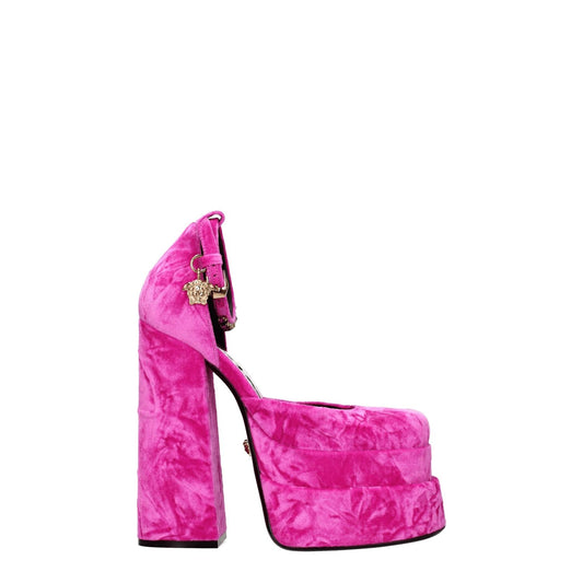 Versace Pink Velvet Platform Sandals with gold buckle, rhinestone details, high heel, leather sole, square toe, and casual style.