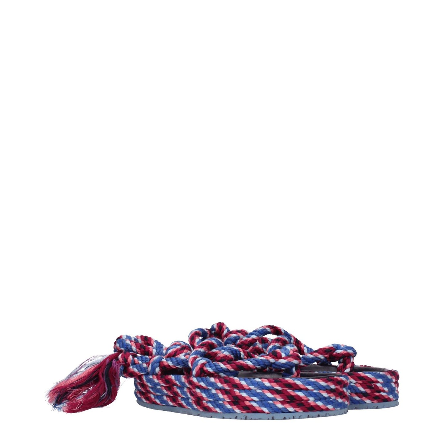 Isabel Marant Blue Fabric Flat Sandals with self-tie closure, open toe, mid heels, rubber sole, and pink accents.