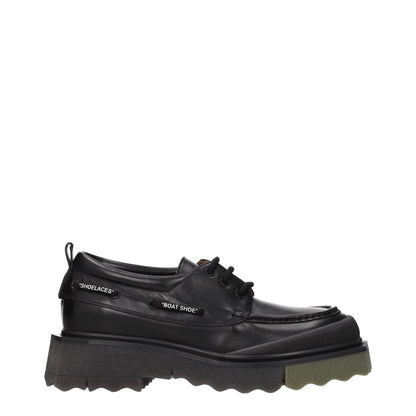 Off-White Black Leather Slip-On Loafers with mid heels and vintage effect, featuring rubber sole, lace-up closure, and military green details.