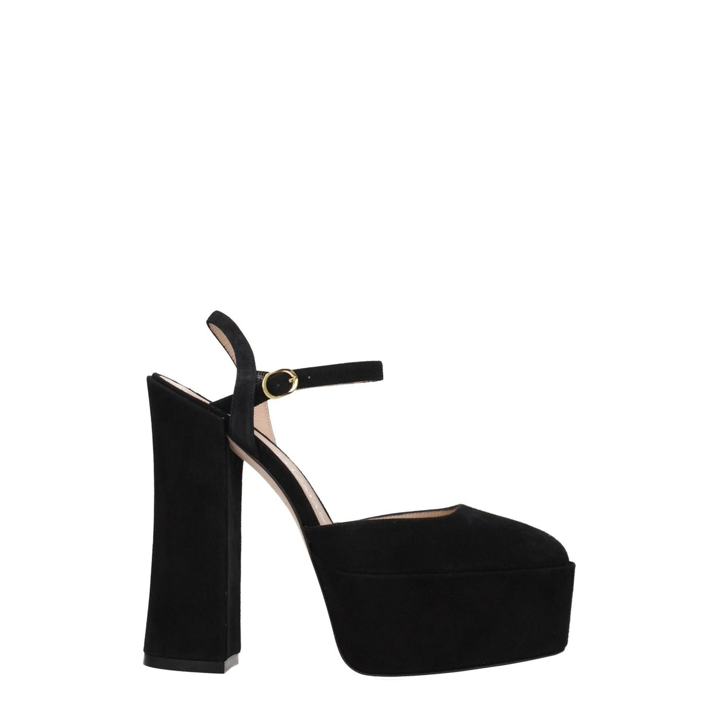 Stuart Weitzman Black Leather Platform Sandals with buckle and high heel in suede, gold detail, round toe, product code SKYHI145SUESC798BLK.