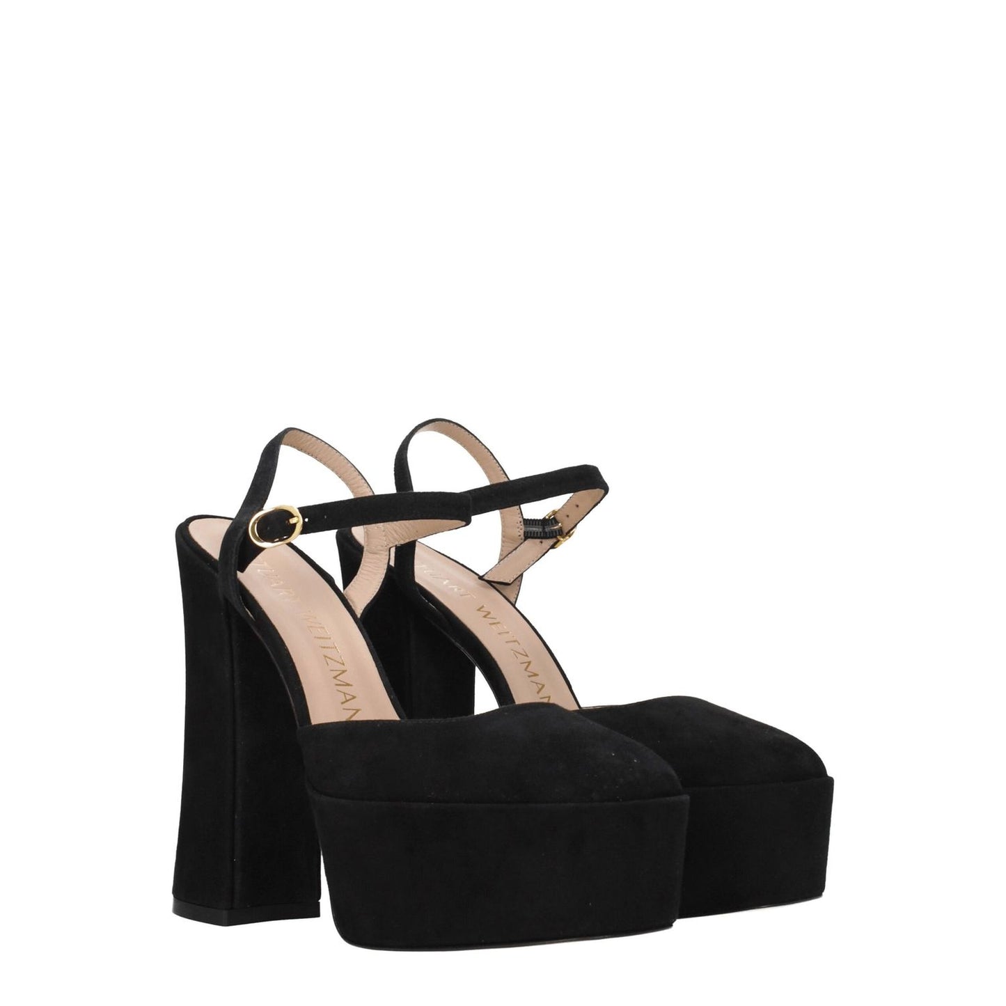 Stuart Weitzman Black Leather Platform Sandals with buckle closure and high heel.