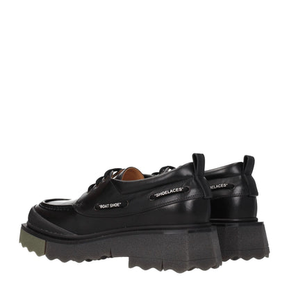 Off-White Black Leather Slip-On Loafers with rubber sole, vintage effect, lace-up design, and mid heels. Style: Street, MPN: OMIG006LEA0011056.