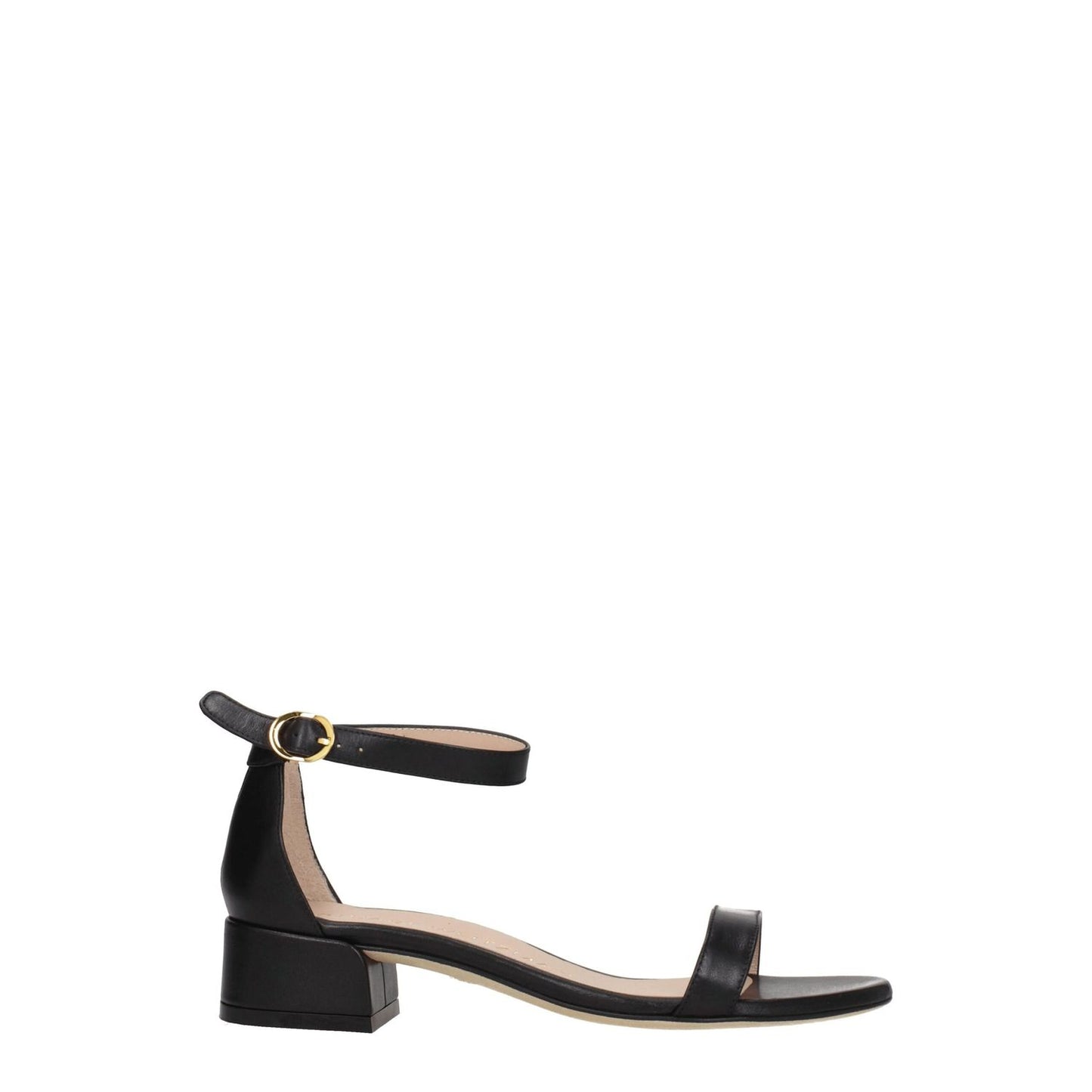Stuart Weitzman Black Leather Flat Sandals with mid heels, buckle closure, open toe, casual style in black leather, SKU: F76574.