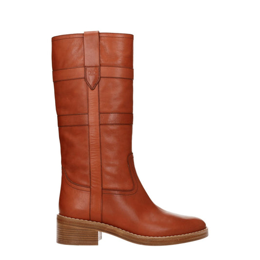Celine Brown Leather Boots with vintage effect, side logo, cognac color, mid heels, 5 cm heel height, round toe, leather sole.