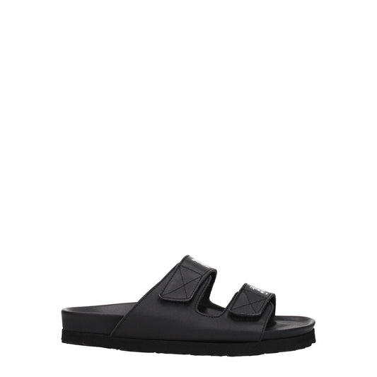 Palm Angels Black Leather Flat Sandals with front logo and strap closure on a low rubber sole.