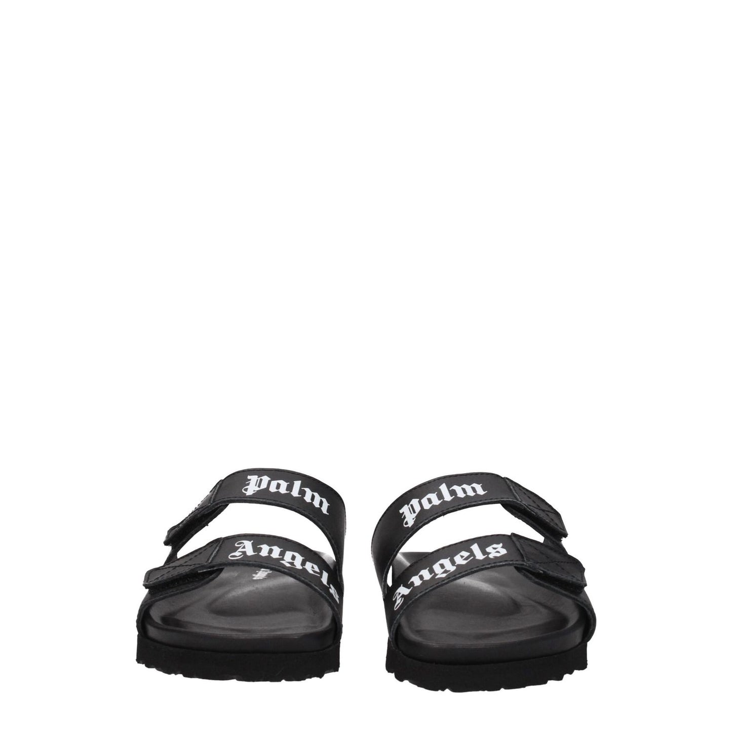 Palm Angels Black Leather Flat Sandals with logo and strap closure, front view.