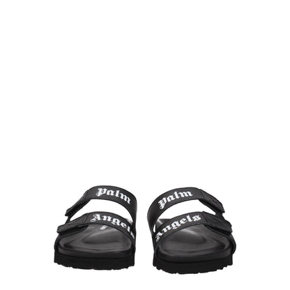 Palm Angels Black Leather Flat Sandals with logo and strap closure, front view.
