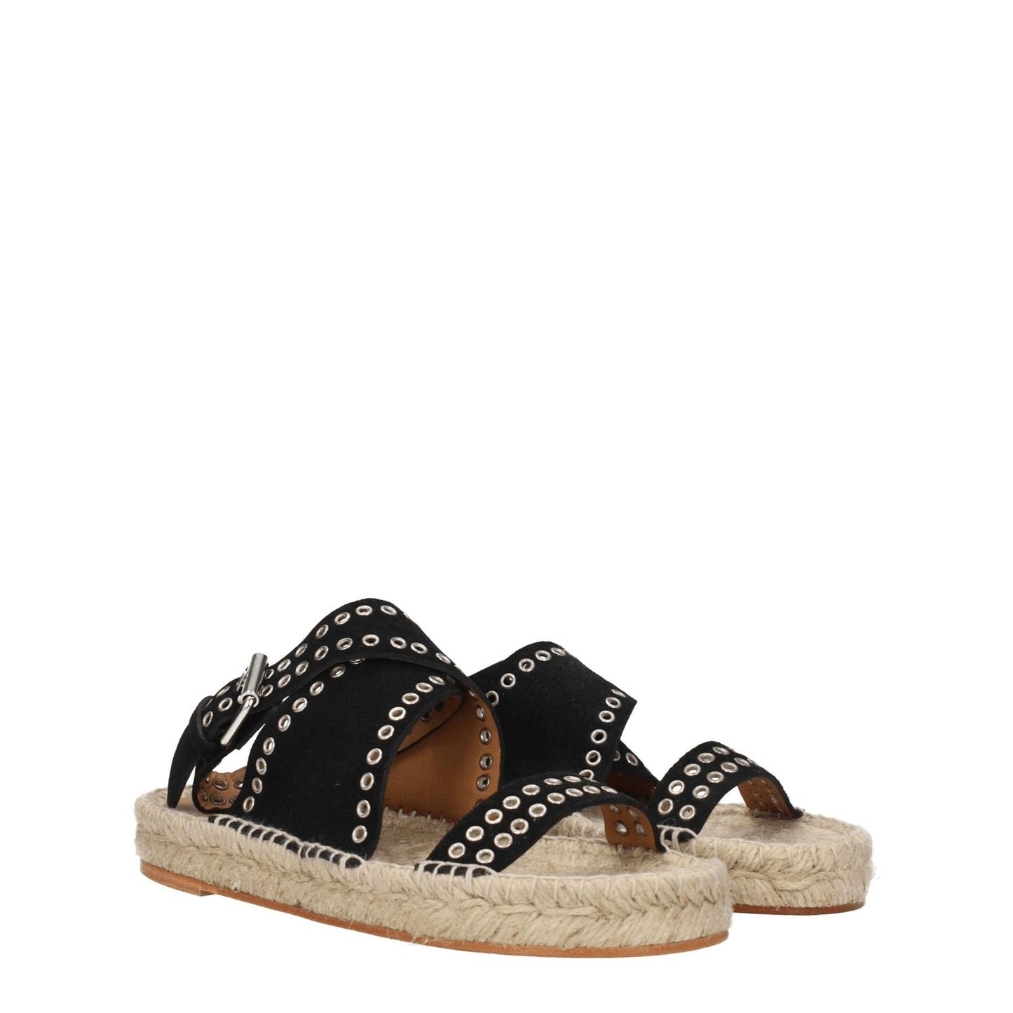 Isabel Marant Black Leather Flat Sandals with studs, open toe design, buckle closure, and leather sole, perfect for casual style.