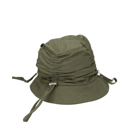 Jacquemus Green Cotton Bucket Hat with front logo and drawstrings, featuring a blend of cotton and polyamide, in a casual style.