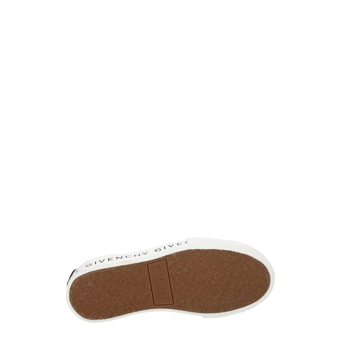 Sole view of Givenchy White Leather Low Top Sneakers with logos on sole and side.