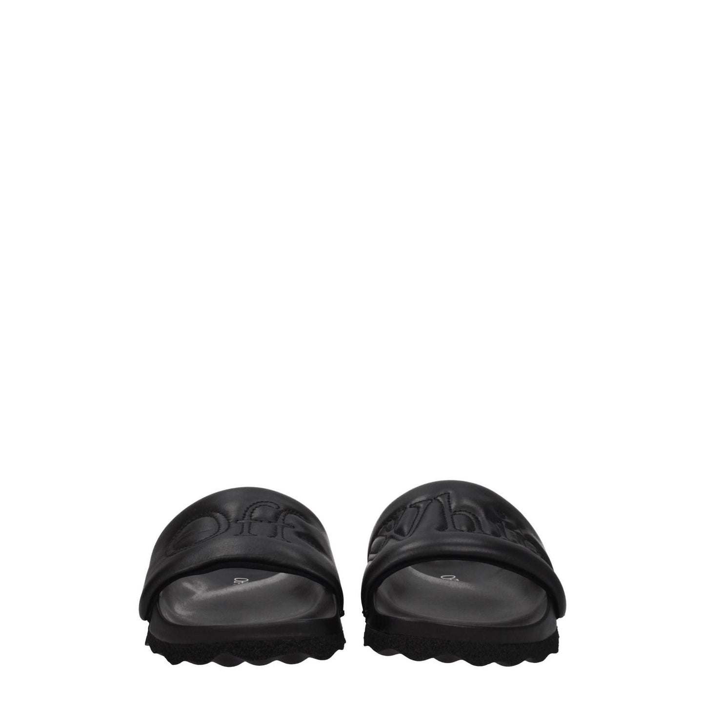 Off-White Black Leather Slippers with logo, open toe, rubber sole, low flat heel. Ideal for casual wear. MPN: OWIT001LEA0011010.