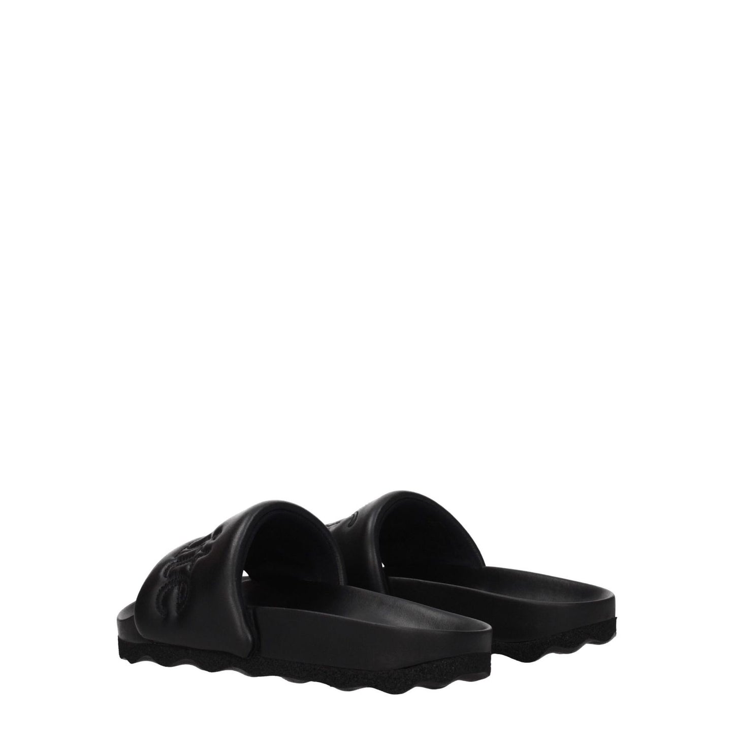 Alt Tag: Off-White Black Leather Slippers with front logo and open toe design made of leather with rubber sole, low flat heel, casual style.