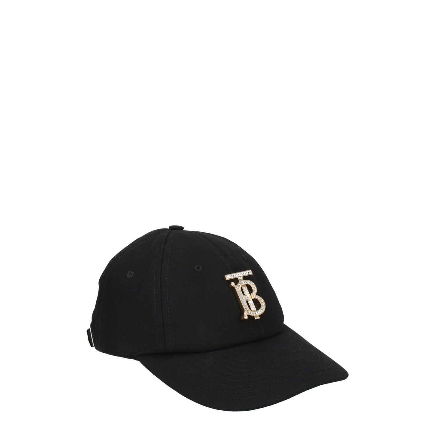 Burberry Black Cotton Cap (Baseball Hat) with rhinestone logo and adjustable buckle closure, style MPN 8063756, casual cotton design.