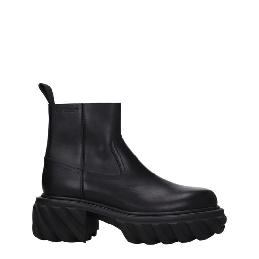 Off-White Black Leather Ankle Boots with side logo and zip closure, featuring a rubber sole and 6 cm mid heels, casual style.