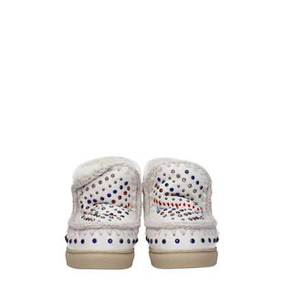 Back view of Mou White Leather Ankle Boots with studs, stones, and logo. Casual style with rubber sole and violet accents.