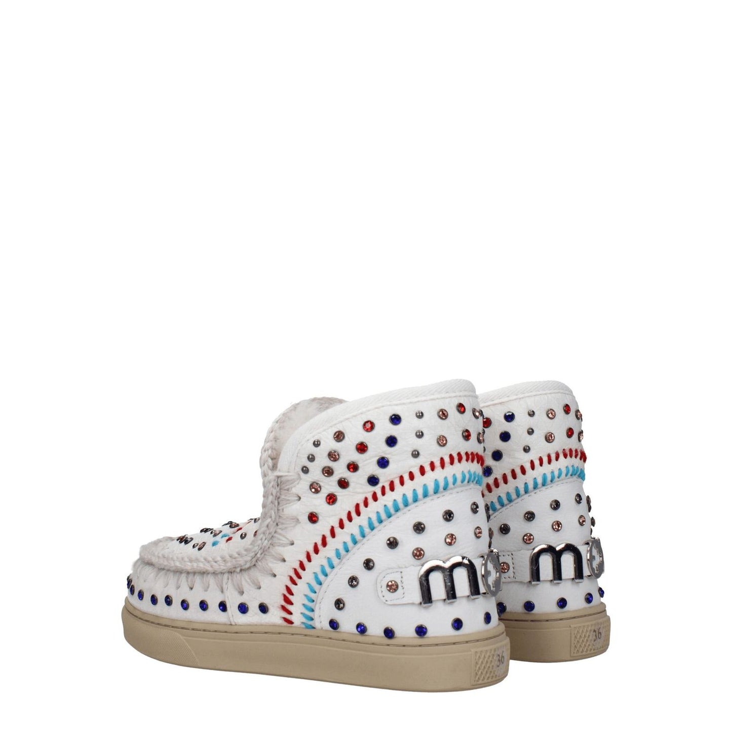 Mou White Leather Ankle Boots with studs, stones, and back logo. Casual style, rubber sole, 2.5cm wedge. MPN MUFW111031CWXWHI.