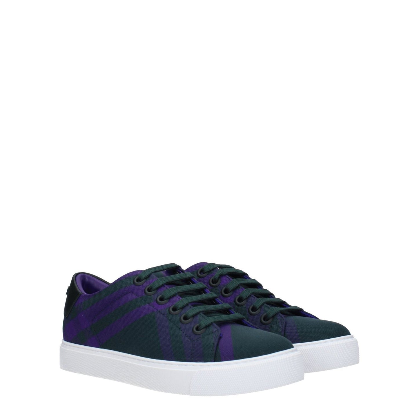 Burberry Green Fabric Sneakers with lace-up closure, leather material, rubber sole, and violet accents, featuring a check design and back logo.
