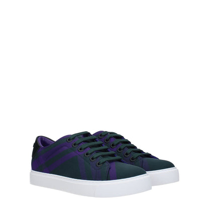 Burberry Green Fabric Sneakers with lace-up closure, leather material, rubber sole, and violet accents, featuring a check design and back logo.
