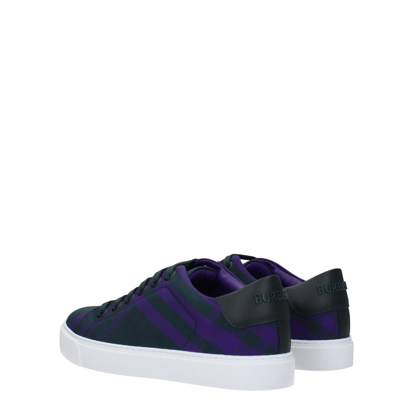 Burberry Green Fabric Sneakers with violet check pattern, logo on back, lace-up closure, rubber sole, and round toe design. Casual style.