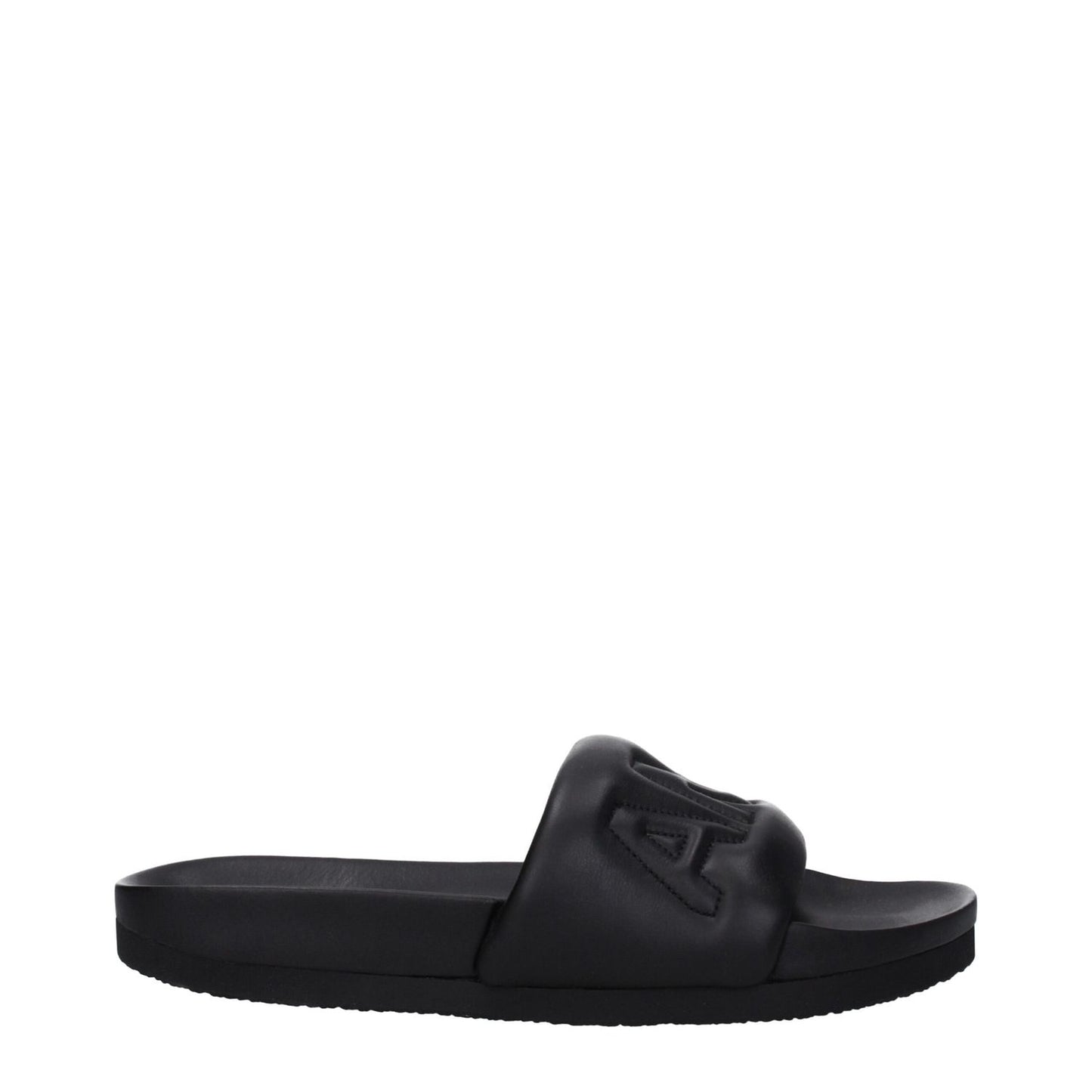 Ambush Black Leather Slippers with front logo, open toe, and rubber sole. Model BMIC001LEA0011000, street style.