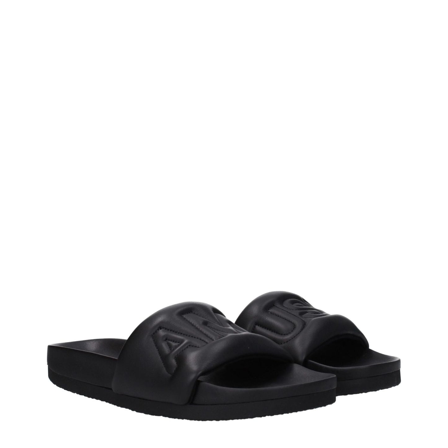 Ambush Black Leather Slippers with front logo, open toe design, rubber sole, street style fashion footwear.
