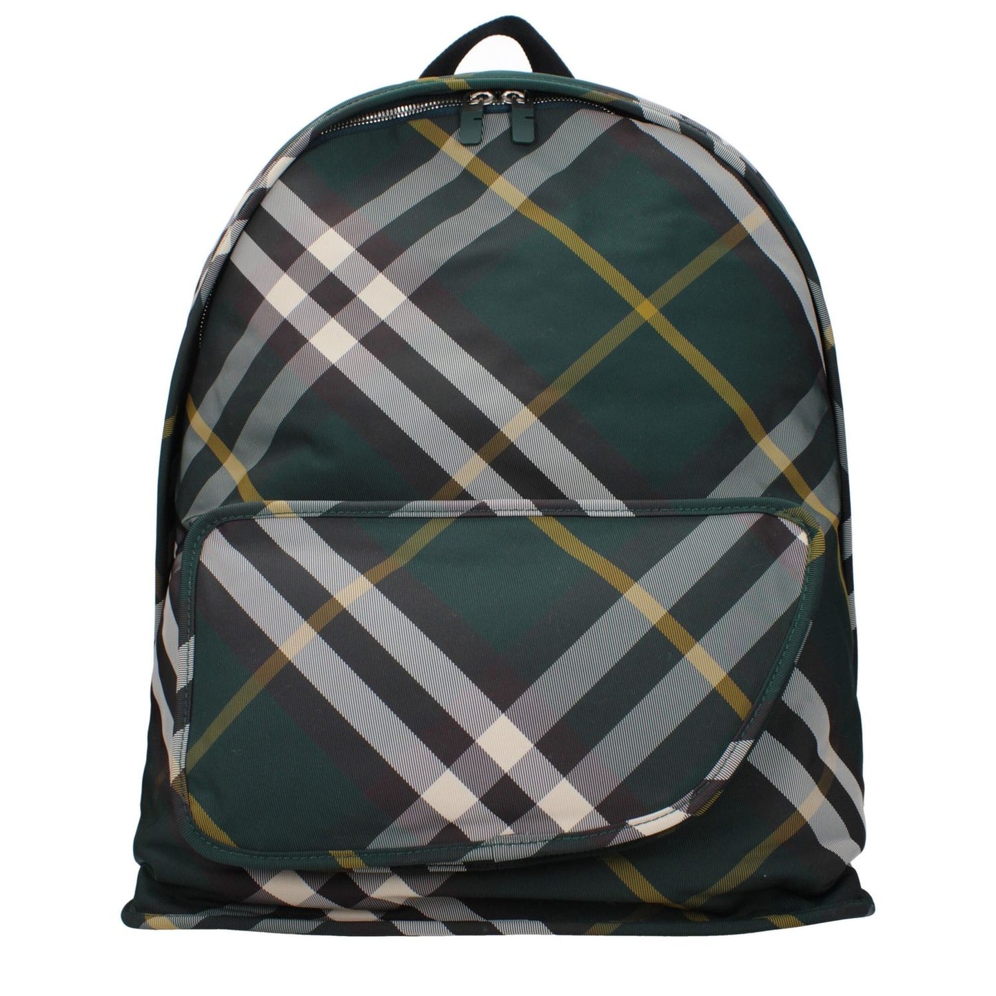 Burberry Green Fabric Large Backpack with adjustable straps, featuring plaid print, zip closure, and multiple pockets for convenient storage.