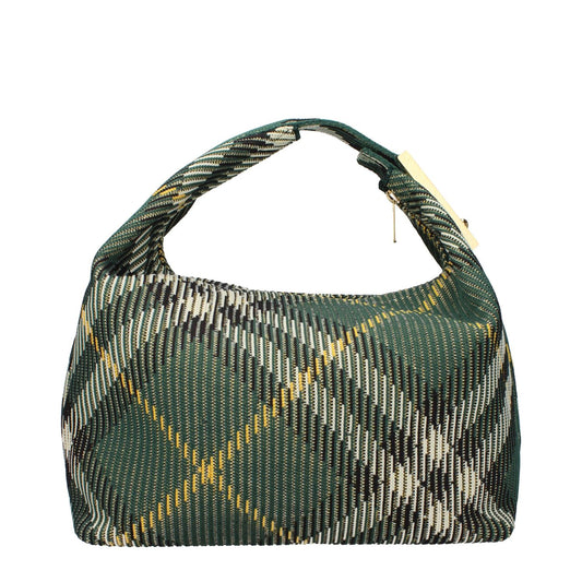 Green Burberry fabric handbag with gold details, medium size, check print, and zip closure. Perfect for stylish and versatile use.