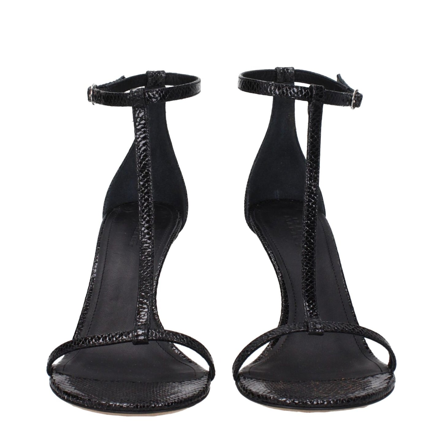 Isabel Marant Black Leather Stiletto Heel Sandals with buckle closure and open toe design.