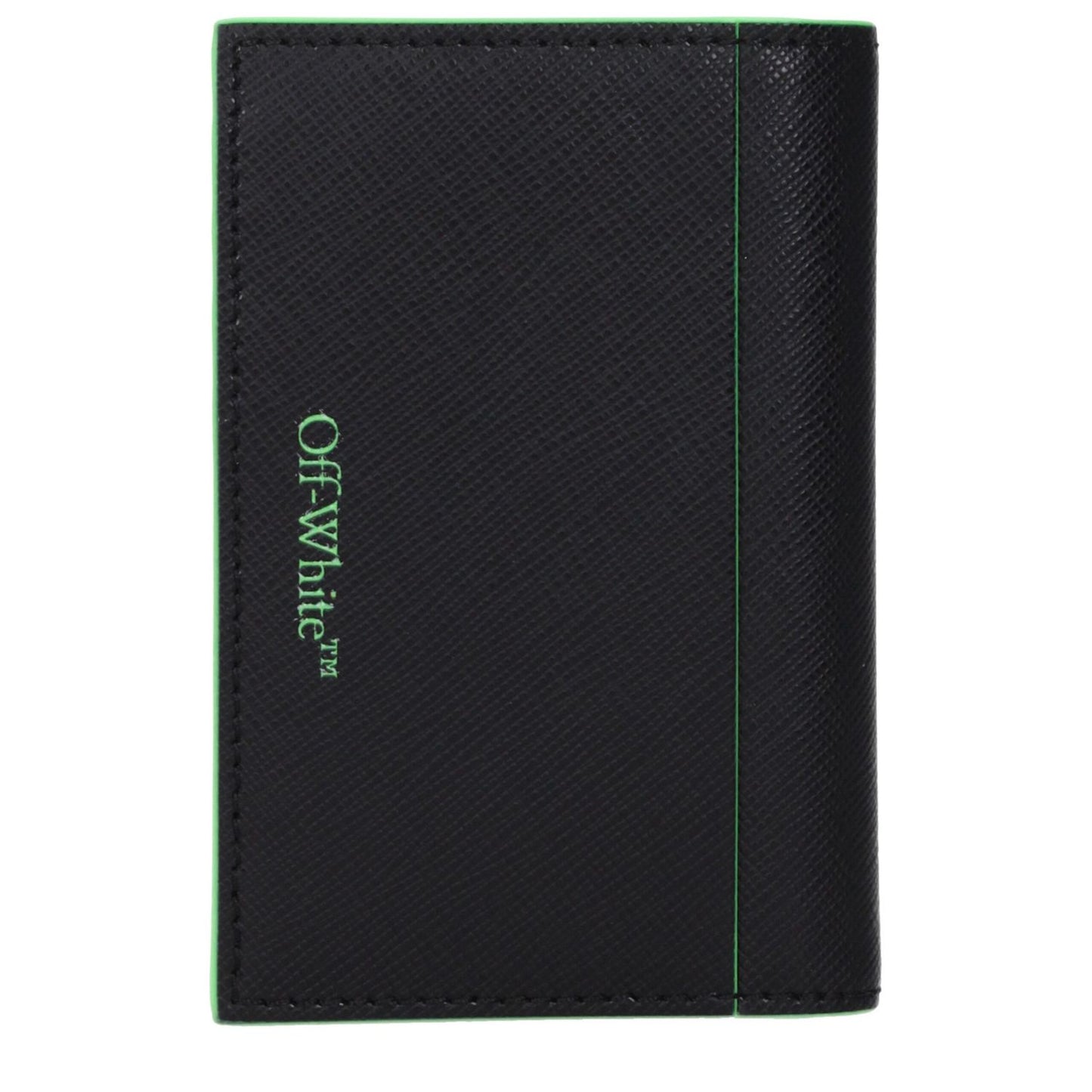 Off-White Black Leather Cardholder with fluo green accents, 9 card slots, and front logo. MPN: OMND083LEA0011070. Size: 1.5×7.5×11.5 cm.